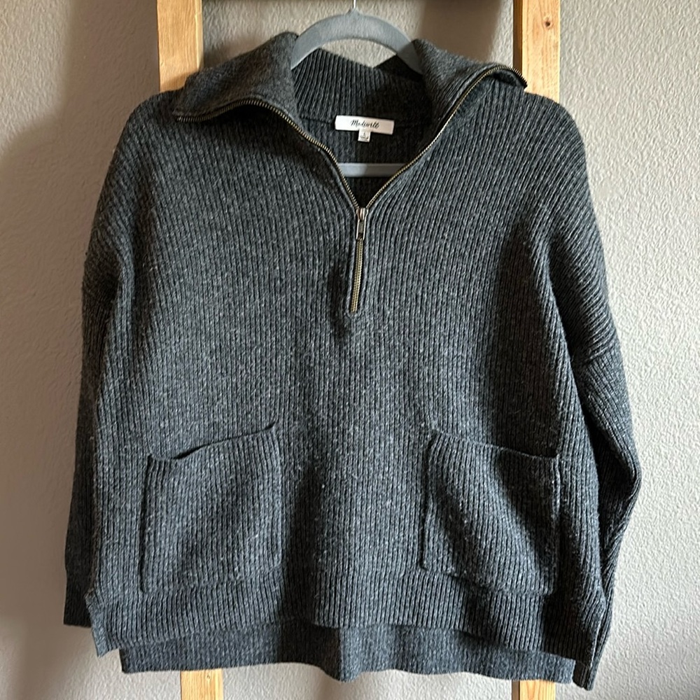Madewell Gray Ribbed Half-Zip Sweater
